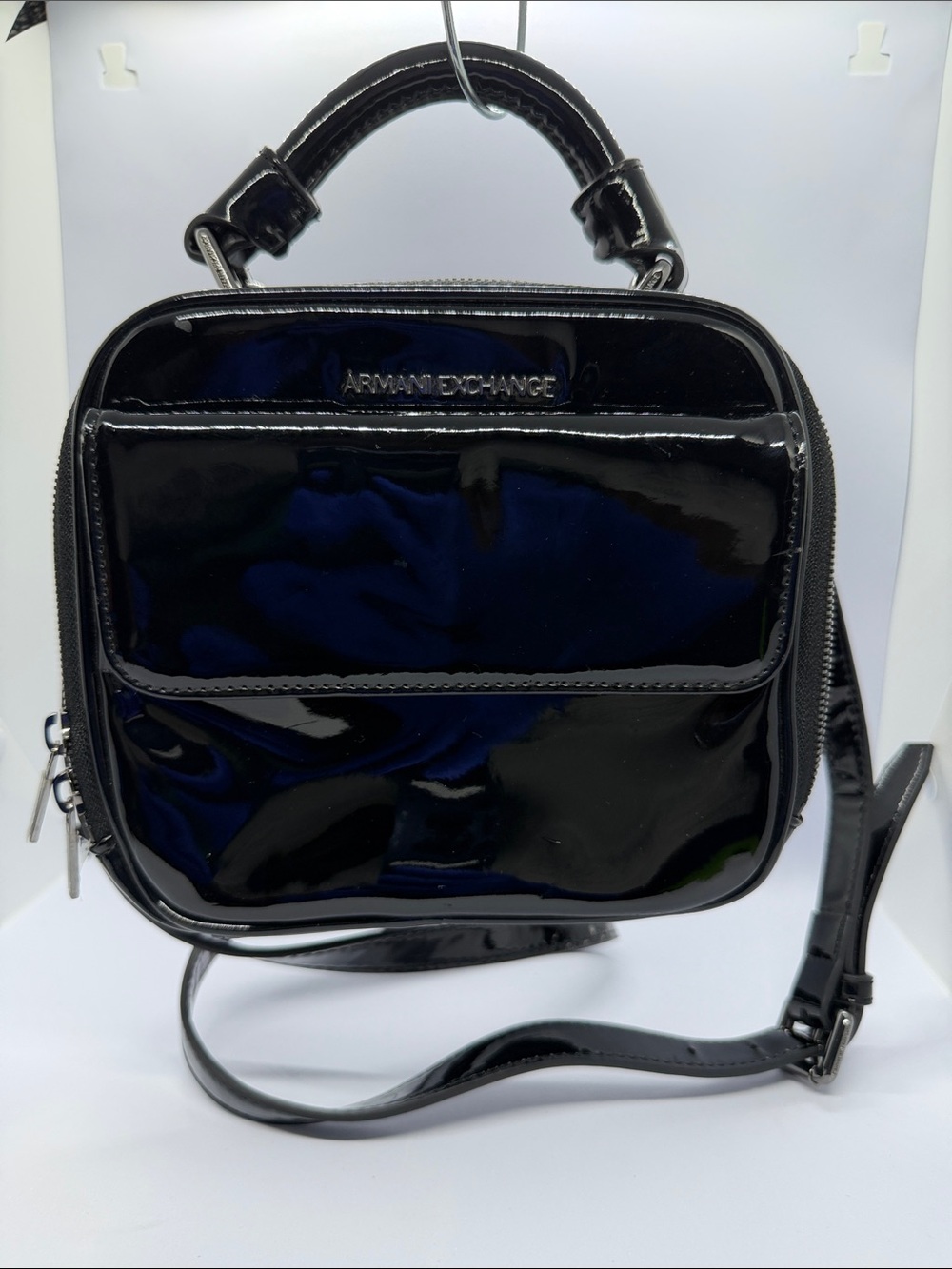 Armani Exchange Black Patent Crossbody Bag with Top Handle and Front Pocket